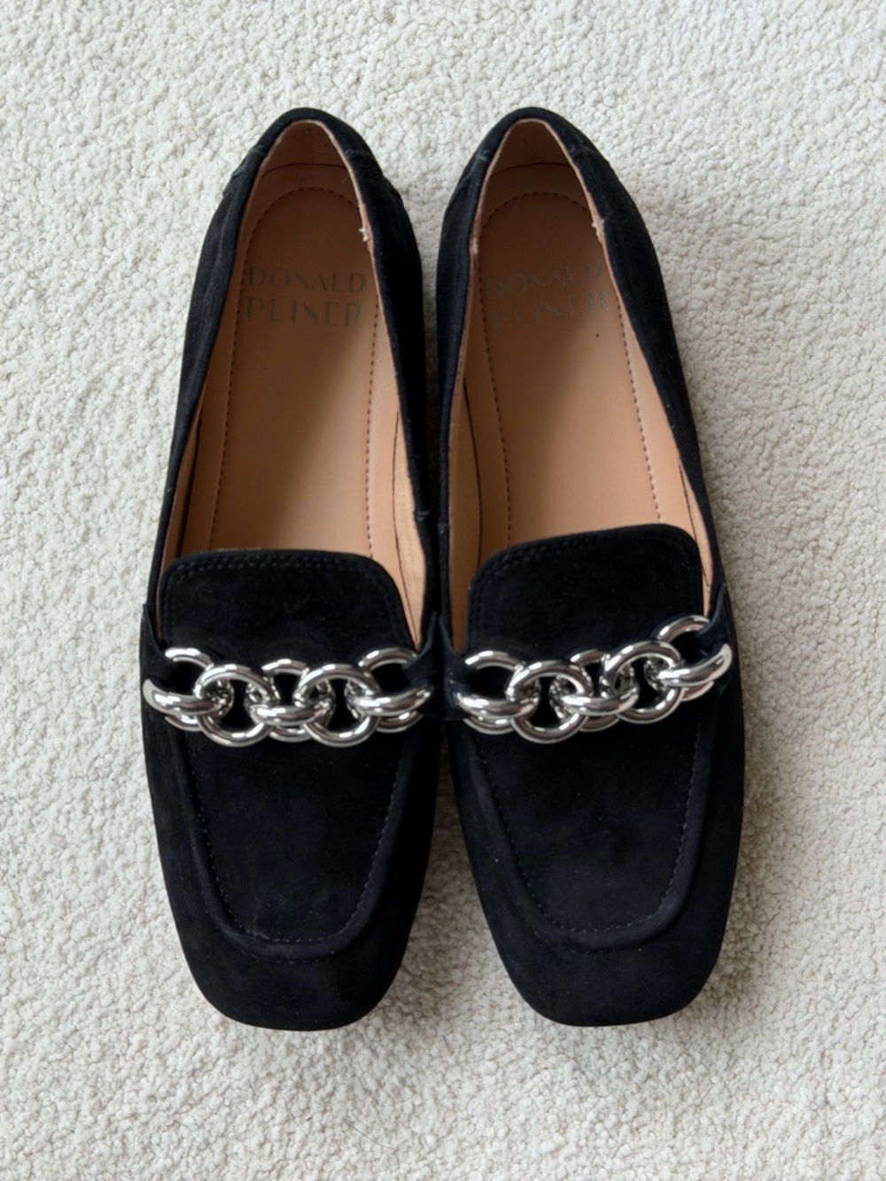 Donald J. Pliner Balinda Black Suede Loafers with Silver Chain Accent NWOT